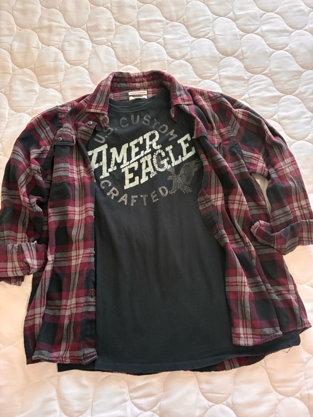 Plaid Flannel Shirt Graphic Tee Combo Set Grunge Black Burgundy Sz L